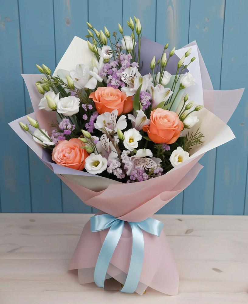 Букет цветов из: Лизиантусы, Розы, Альстромерии и Гипсофила в Наволоках