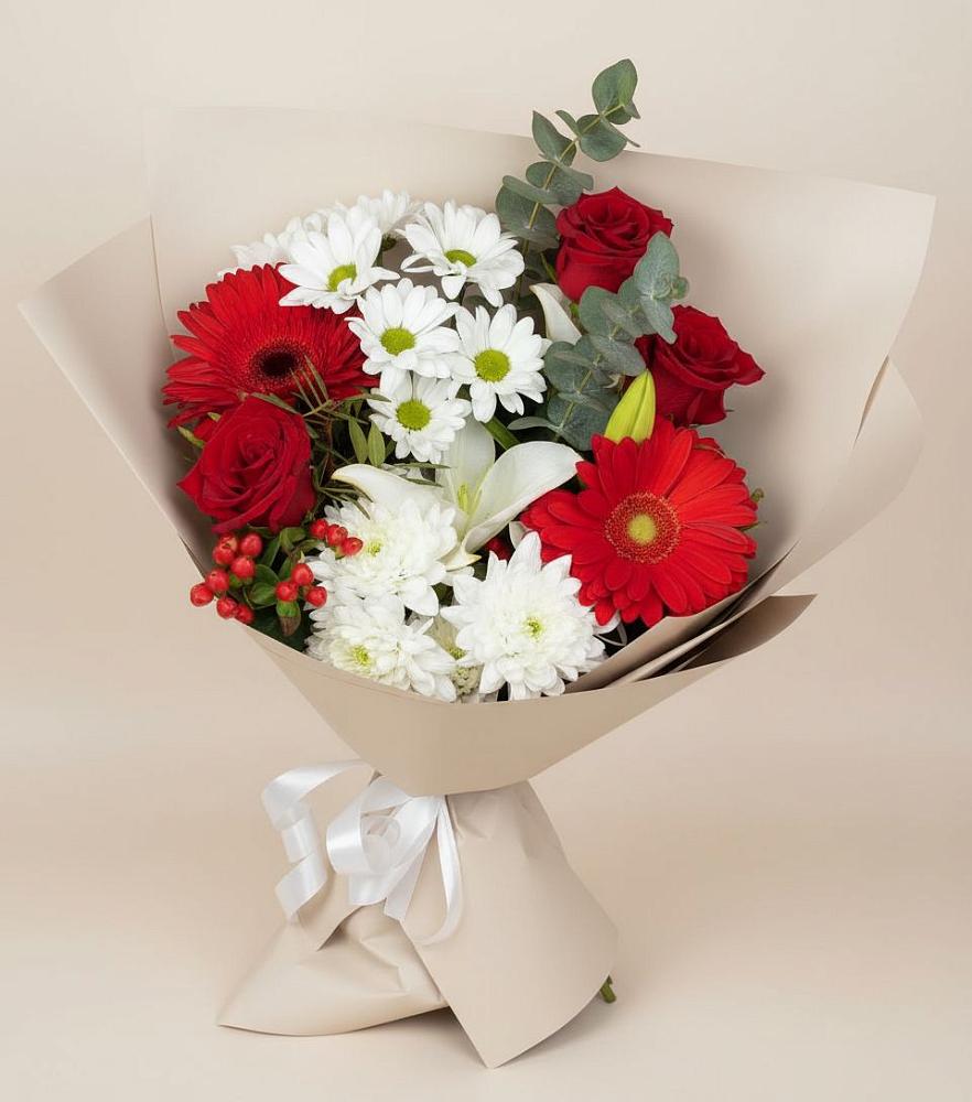 Букет цветов из: Розы, Хризантемы, Герберы и Лилии в Наволоках