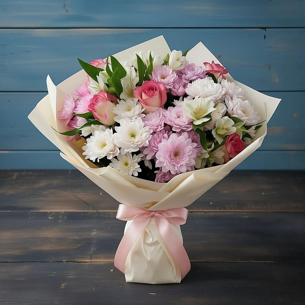 Букет цветов из: Хризантемы, Альстромерии и Розы в Наволоках